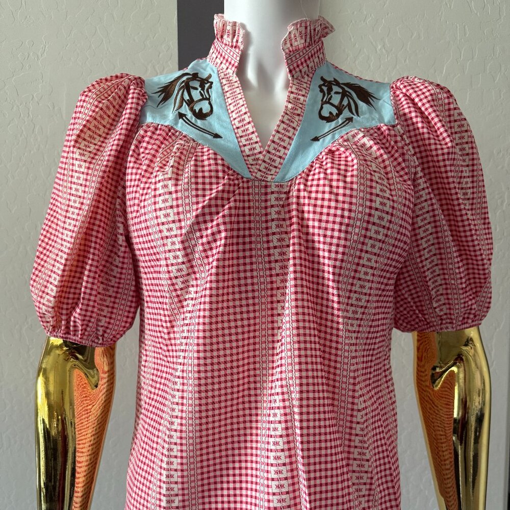 Red Gingham Puff-Sleeve Blouse with Horse Yoke